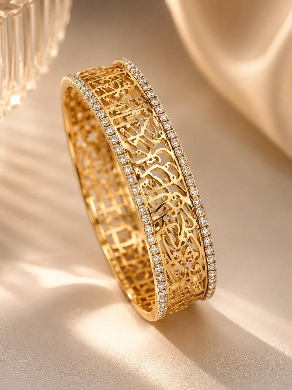 Elegant  Gold Script Filigree Bangle with Crystal Rows